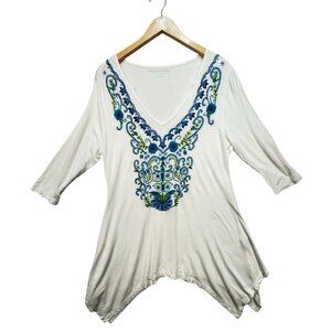 Soft Surroundings Womens Tunic Blouse Top Size M White V-Neck Embroidered Boho